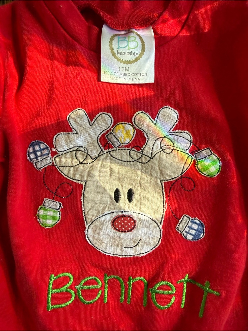 Blanke Boutique Red Reindeer Applique Baby Top with 'Bennett'